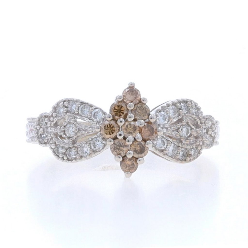 White Gold Diamond Cluster Ring - 14k Rnd .30ctw Bow Etched Milgrain Fancy Brown